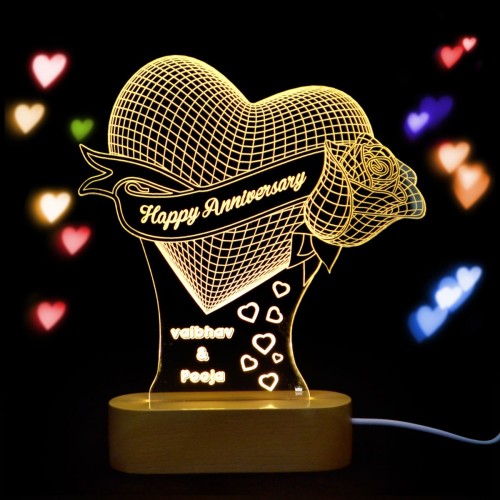 Giftous Personalized Warm white 3D Illusion LED Lamp Heart Rose Design