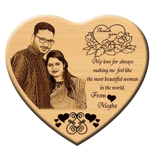 Giftous Thank You Gift for Husband - Heart Shaped Wooden Engraved Photo (5 x 6 inches, Brown)