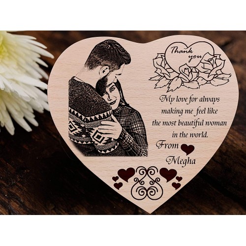 Giftous Thank You Gift for Husband - Heart Shaped Wooden Engraved Photo (5 x 6 inches, Brown)