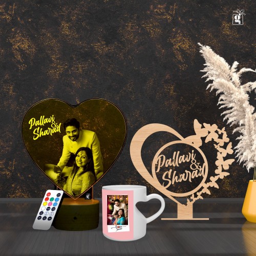 Combo Gifts (Heart Cut Handle Coffee Mug + Personalized 3D Illusion Multi Color LED Lamp + Heart Wooden Name Cutout)