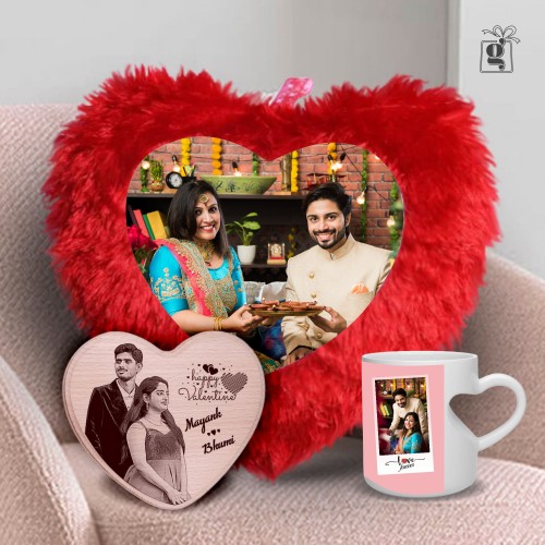 Combo Gifts (Heart Cut Handle Coffee Mug + Heart Shape Wooden Plaque + Heart Shape Cushion)