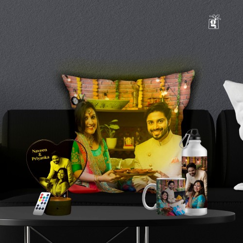 Combo Gifts (LED Cushion + Sublimation Sipper + Coffee Mug + Personalized Wooden LED Frame For Couple)