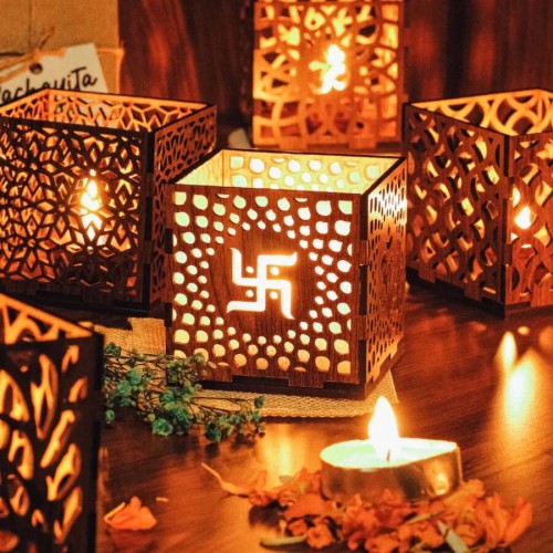 Wooden Tea Light Diya Holder 7x7x7 (in)